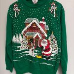 Vintage 90’s Festive Green Holiday Sweater with Santa and Snowman village size M Size M Photo 0