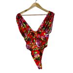 ZARA NWT Bodysuit Womens S Red Floral Plunging V-Neck Ruched Stretch Tropical Photo 4