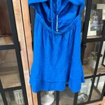 ZARA linen mini dress cobalt blue ruched open back cocktail vneck tiered ruffle Photo 7