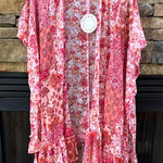 Umgee  Pink Red Floral mixed media Kimono ruffle open front Top M L Photo 0