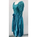 Vintage 80s Lace Satin Fit & Flare Midi Dress Puff Sleeve Rosette Teal Womens 0 Blue Photo 5