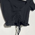 ZARA Black Cinched Front V-Neckline Ruffle Hem Short Sleeve Crop Top Size Small Photo 3