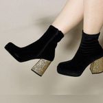 Betsey Johnson Matcha Bootie Black Gold Women's velvet platform Ankle Boots 7.5M Size 7.5 Photo 1