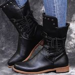 Source Unknown Women’s Studded Side Lace Up Chunky Ankle‎ Boots Size 7 Black Cross Tie Mid-Calf Photo 0