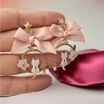 Gold Plated Cute Pink Big Bowknot Drop Earrings‎ Hollow Out Flower White Cat Photo 6