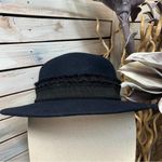 Vintage Nordstrom Italy Wool Black Navy Wide Brim Hat Ribbon Trim Boho Chic M Photo 1