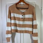 American Eagle  Brown White Striped Ribbed Cropped Henley Sweater M Slouchy Comfy Photo 0