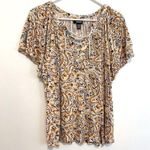 CHAPS  Jersey Flutter Sleeve Top Cream Yellow Multi Paisley Lace Up Short Sleeve Photo 0