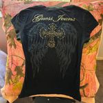 Guess jeans true vintage y2k black angel wing gold rhinestone cross v neck t shirt Photo 4