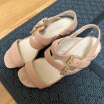 Nine West Gadele Nude Side Buckle Leather Wedge Open Toe Sandals Heels Size 6 Photo 1