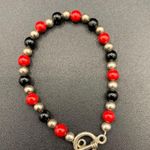 Red Black And Sterling Silver Beaded Toggle Clasp Bracelet Cardinal Charm 7.5” Photo 2