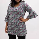 Ulla Popken Gray & Berry Floral Print 3/4 Ruffle Bell Sleeve Tunic Blouse 28/30 Photo 0