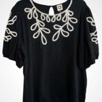 Anne Klein  Cotton Black Blouse With White Embroidery Short Puffed Sleeves XL Photo 0