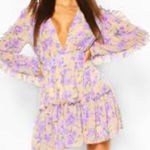 Boohoo Purple Floral Long Sleeve Dress Size 12 Photo 0