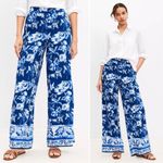 Loft Pull On Wide Leg Corfu Weekend Linen Blend Blue Floral Flowy Pants L 760946 Photo 1