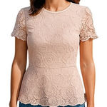Adrianna Papell Women's Latte Lace Overlay Peplum Blouse Top Size M Beige Photo 0