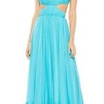 Mac Duggal Ruched Ruffled Shoulder Cut Out Lace Up Gown in Turquoise US 12 NWT Photo 0