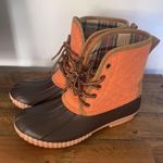 Marley Lilly Women's Brown Orange Plaid Tie Duck Rain Snow Boots Shoes Sz 8 Photo 2