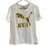 Puma  White Short Sleeve Metallic Gold Logo Cat Front T-Shirt Women Sz XS Photo 0