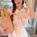 Japanese Kawaii Pastel Pink Floral Ruffle Princess Sleeves Lace Crop Top Blouse Size XS Photo 1