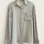 ASOS Sheer Gray Fringe Long Sleeve Button Down Blouse Size 4 Photo 0