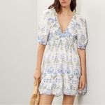 Saylor  Gracey Folk Floral Print Mini Dress Linen Puff Sleeve White Blue Photo 1