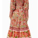 Farm Rio  Macaw Flight Smocked Cotton Long Sleeve Midi Dress Pink Red Small Photo 1