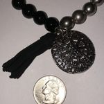 EXPRESS Brand Black Gray Beaded Silver Tone Charm Fringe Stretchy Boho Bracelet Photo 2