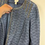 Chico's  Jacket Womens 2 US L‎ Blue Broderie Embellished 3/4 Sleeve Open Front Art Photo 4