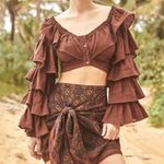 Free People NWT Brown Falling Flower Off Shoulder Ruffled Crop Top Small Photo 0