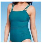 Aqua Green Women's Double Strap Asymmetrical One Piece Swimsuit Teal Green Large Photo 3