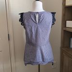 CAbi Lace Sleeve Peplum Style Tank Top | Navy Stripe Seersucker Photo 3