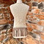 Origami Crochet & Lace Vest with Fringe, Boho Country Coachella, size S/M Tan Photo 11