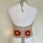 New Crochet Crop Top Size S Handmade Beige Red Halter Neck Boho Festival Hippie Photo 5