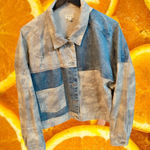 POL  Denim Jacket Women Size L Distressed Colorblock Patchwork Blue Tan Photo 0