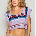 POL  Openwork Ethnic Pattern Square Neck Cropped Knit Top NWOT Large Photo 0