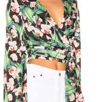 PatBo Kimono Sleeve Wrap Top black and green with white flowers blouse sz L Photo 22