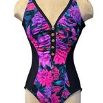 Slimsuit Vintage Swimsuit Floral One Piece Gold Button USA 12 14 Purple Photo 0