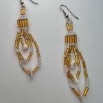 Handmade Gold & White Beaded Dangle Earrings Pierced Ears Photo 3