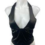 Motel NEW  Black Silk Satin Halter Plunging V Neck Open Back Blouse Crop Top M Photo 0