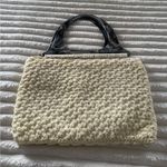 Vintage Ivory Crochet Bubble Purse Bag Faux Wood Handles Boho Hippie Gray Photo 0