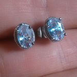 Simulated Blue and White Diamond Silvertone Brass Stud Earrings Photo 8
