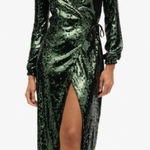 Superdry Green Sequin Wrap Midi Dress Long Sleeve V Neck Party Size US 12 Rare Photo 0