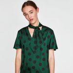 ZARA  Womens Blouse Size Medium Silky Polka‎ Dot Bow Necktie Green Black NEW Photo 2