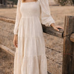 August Sky Cream Smocked Square Neck Long Sleeve Midi Dress Size Small Photo 0