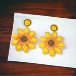 Stylish Trendy Sunflower Design Boho Style Drop Earrings Made Of Tiny Beads‎ Yellow Photo 0