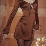 House Of CB  Sakina Long Sleeve Satin‎ Minidress Espresso Coffee Brown NWOT sz XS Photo 0
