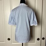 DAINTY BLUE PINSTRIPE LACE TRIM BUTTON UP COLLARED BLOUSE Size M Photo 2