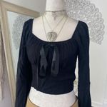 Romantic Goth Black Scrunched Cropped Flare Sleeve Bow Detail Top S Photo 3
