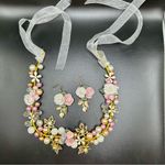 Gold Pink and White Pearl Floral wreath ethereal ribbon headband tiara set Photo 1